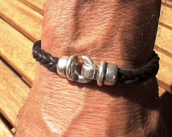 Silver and Leather mens bracelet, friendship couples bracelet, men cuff bracelet, handmade silver mens jewelry, unique gifts for men