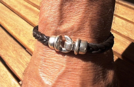 Silver and Leather mens bracelet, friendship couples bracelet, men cuff bracelet, handmade silver mens jewelry, unique gifts for men