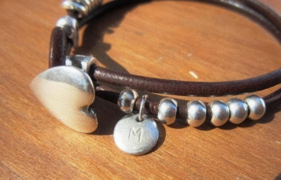 Personalized Leather & Silver Beaded initial Bracelet Gifts • Handmade Bohemian Jewelry • Birthday Gift or Custom Jewelry Gift for Her
