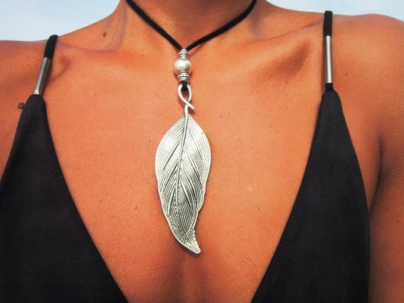 Bohemian Feather Pendant Necklace  Long Leather Necklace for Women  Unique Leaf Jewelry