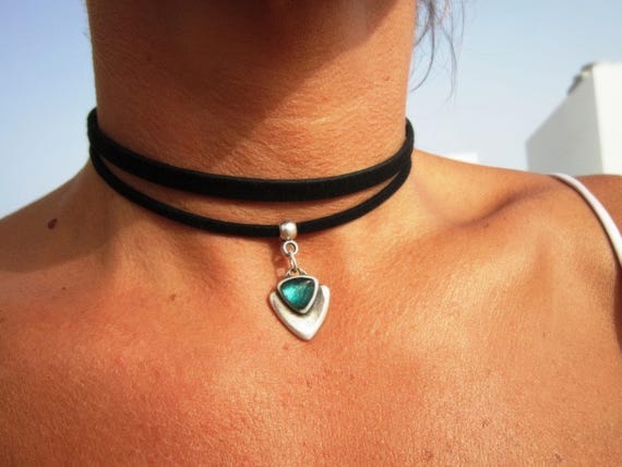 Bohemian Leather Choker Necklace beaded with green charm • silver necklaces for women