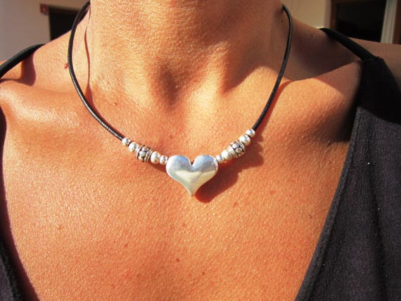 Couples Beaded Necklace with Silver Heart Pendant Charm • Bohemian Handmade jewelry Necklaces for Women • Personalized Jewelry Gift for Her
