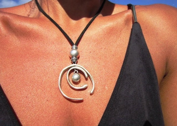 Spiral Pendant Necklace  Long Silver Boho Statement Jewelry