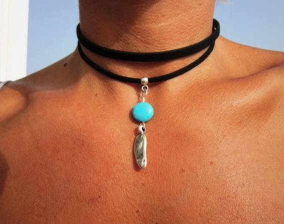Bohemian Leather Choker Necklace beaded with charm • silver necklaces for women, Handmade personalized jewelry