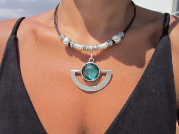 Silver Beaded Green Necklace featuring a emerald Crystal Charm • Bohemian Personalized Handmade Jewelry • Best selling items Gift for her