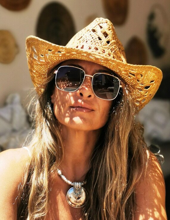 Cowboy straw Hat for Bride or bachelorette party, Coastal cowgirl hat, Handmade hats Bohemian festival Summer Accessory