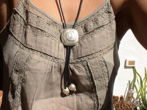 Statement Silver Chunky Pendant leather Bolo tie Necklace • Bohemian Jewelry Best Selling Items • Gift for Her • Neotribal Jewelry