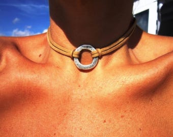 Silver Beaded Necklaces for Women • Leather Choker Necklace beaded with charm  • Handmade personalized jewelry gift for her