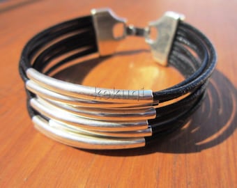 Silver and Leather mens bracelet, friendship couples bracelet, men cuff bracelet, handmade silver mens jewelry, unique gifts for men