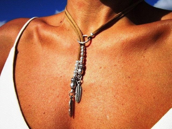 Boho feather necklace • Statement Charm Y Lariat Necklace • Silver Beaded Necklaces for Women • Personalized Bohemian Jewelry Gifts