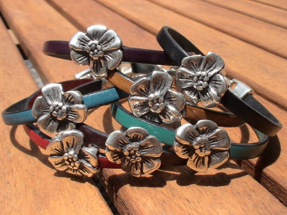 colorful jewelry, womens silver flower bracelet, leather and beaded Bracelets, fashion jewelry