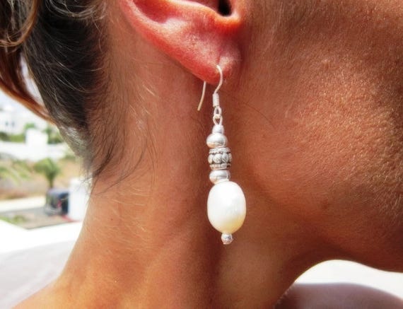 real pearl earrings Statement drop beaded silver earrings • personalized jewelry gift for her • earrings dangle • Handmade jewelry by kekugi