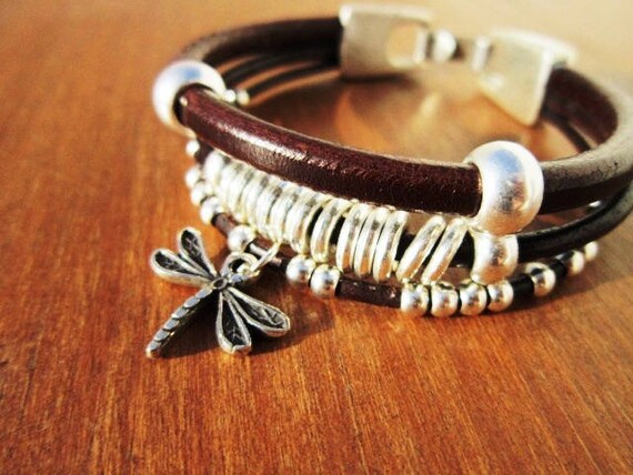 dragonfly stacking bracelet, stacked bracelets, stack bracelet, beads bracelet, womens bracelets, leather bracelet, wrist accessories