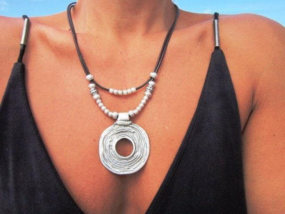 Statement layered Pendant Charm ring Necklace • Silver Beaded Necklaces for Women • Handmade Personalized Jewelry Best selling items Gifts