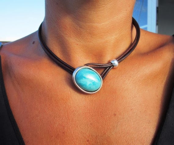 Turquoise Leather Choker Necklace • Silver Couples Necklaces for Women • Bohemian Handmade Turquoise Jewelry • Best selling items by kekugi