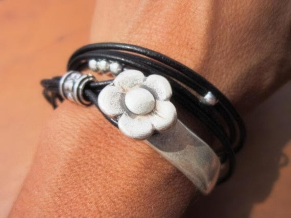Leather & Silver Charm Beaded Bracelet • Handmade Jewelry Gift for Her • Custom Bracelet Gift • Personalized Jewelry Gifts by Kekugi