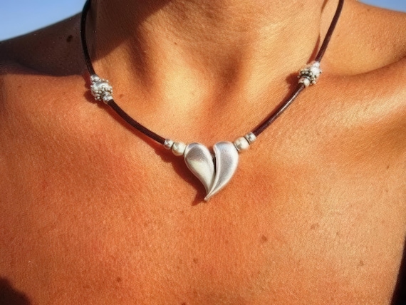 Couples Beaded Necklace with Silver Heart Pendant Charm • Bohemian Handmade jewelry Necklaces for Women • Personalized Jewelry Gift for Her