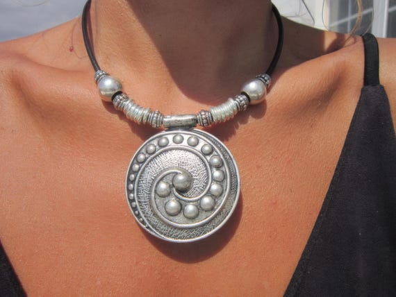 statement boho chic silver pendant necklace, boho jewelry, bohemian jewelry, boho chic jewelry, leather handmade jewelry designs