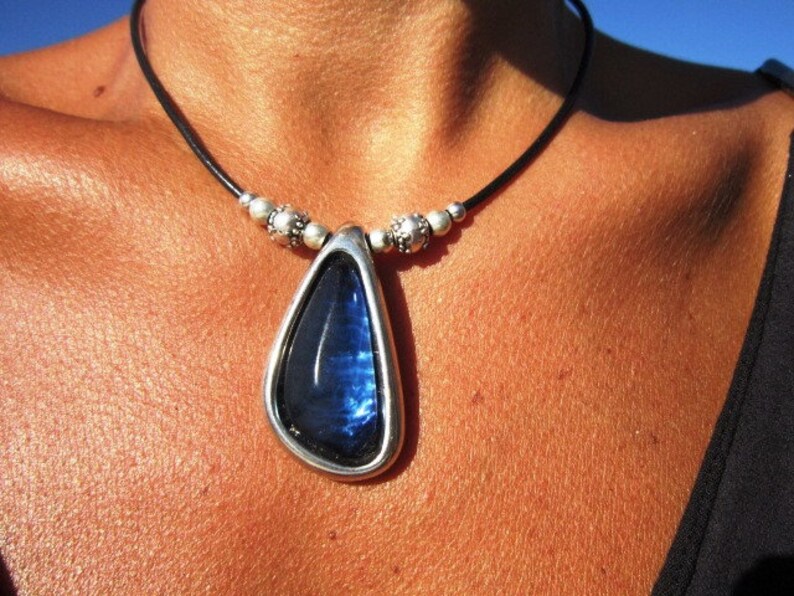 Blue Drop Necklace Blue Choker Blue Pendant Boho Necklace Etsy