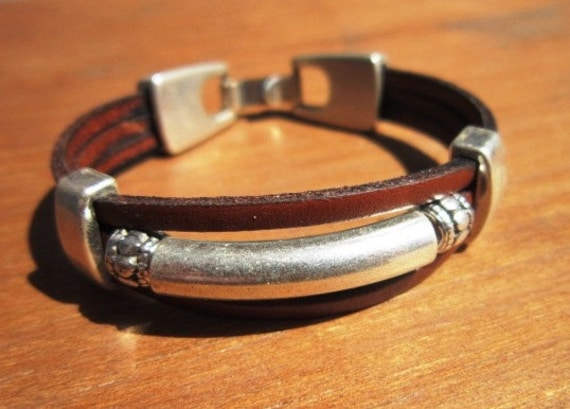 Silver and Leather mens bracelet, friendship couples bracelet, men cuff bracelet, handmade silver mens jewelry, unique gifts for men