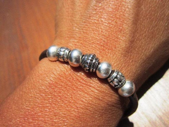 Leather & Silver Charm Beaded Bracelet • Handmade Jewelry Gift for Her • Custom Bracelet Gift • Personalized Jewelry Gifts by Kekugi