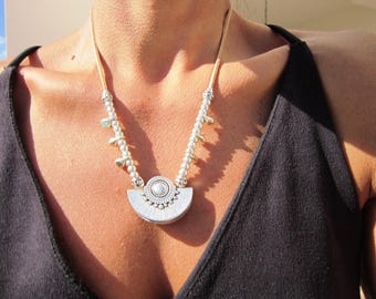 Statement Silver Chunky Pendant leather neotribal Necklace • Bohemian Jewelry Best Selling Items • Gift for Her • Neotribal Jewelry