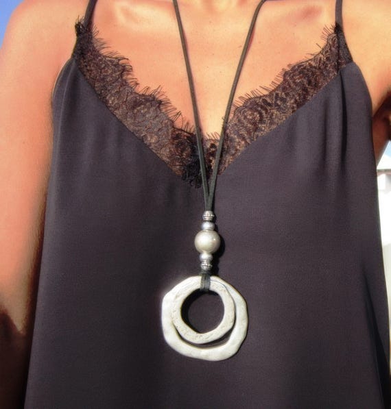 Best selling items Silver Everyday Pendant Beaded Ring Necklace • Long Layered Chunky Necklace Gift for Her • Silver Necklaces for Women