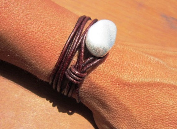 brown wrap leather bracelet , womens leather bracelets, beads bracelet, silver bracelet, fashion jewelry, gift women