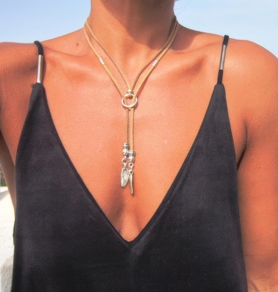 Silver Y lariat necklace eternity collar with Boho pendant • Couples Necklace Handmade Personalized Jewelry