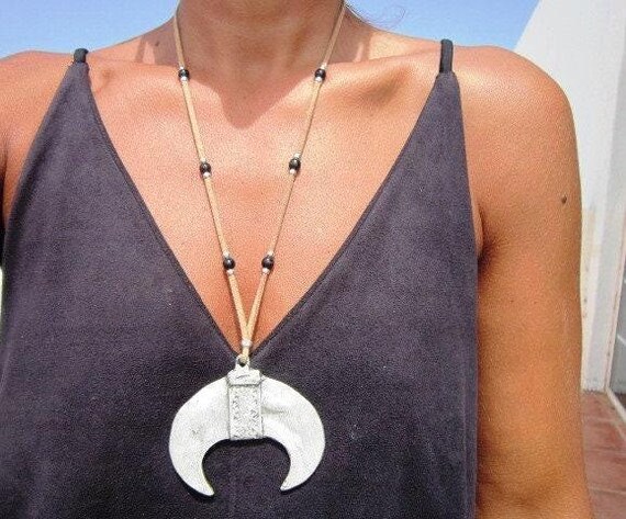 Statement Silver Chunky Crescent Moon Pendant leather Necklace • Bohemian Jewelry Best Selling Items • Gift for Her • Neotribal Jewelry