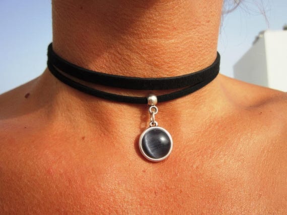 Silver Beaded Leather Choker Necklace with black charm  • Handmade personalized jewelry, choose your charm