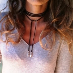 Trendy leather choker, leather and silver beaded necklace. Bohemian jewelry, choker necklace