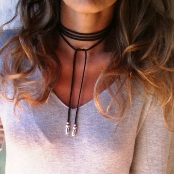 Trendy leather choker, leather and silver beaded necklace. Bohemian jewelry, choker necklace