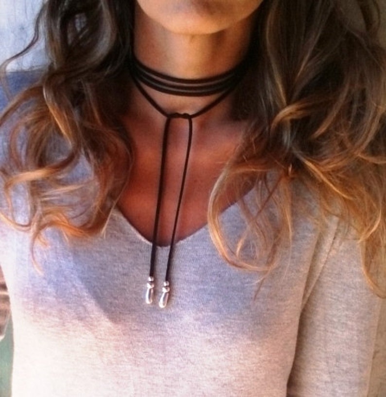 Trendy leather choker, leather and silver beaded necklace. Bohemian jewelry, choker necklace image 1