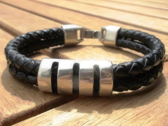 Personalized Leather & Silver Beaded Bracelet Gifts for Men • Handmade Mens Jewelry • Birthday Gift or Custom Jewelry Gift for Him by Kekugi
