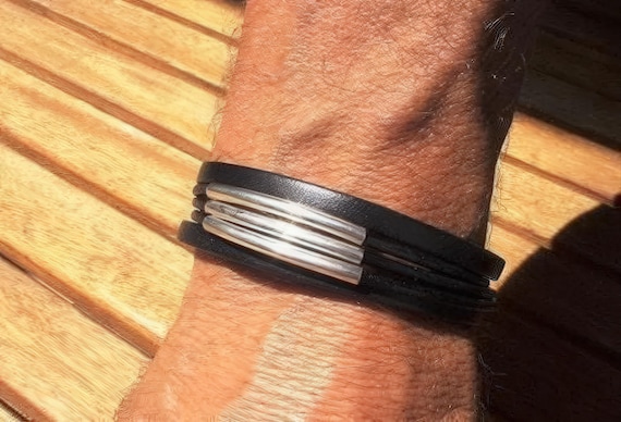 Personalized Leather & Silver Beaded Bracelet Gifts for Men • Handmade Mens Jewelry • Birthday Gift or Custom Jewelry Gift for Him by Kekugi