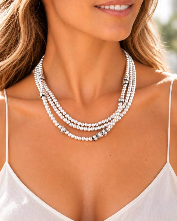 Layered Statement Silver Beaded Necklace, Handmade Personalized Jewelry by Kekugi,