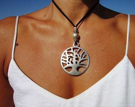 Tree of life pendant necklace, mystic leather and silver necklaces for women, long necklace bohemian jewelry trends