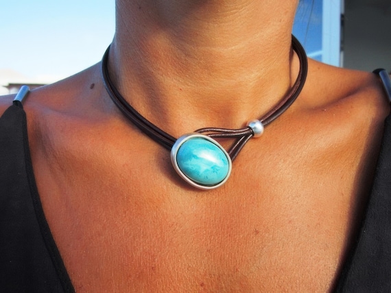 Turquoise Leather Choker Necklace • Silver Necklaces for Women • Bohemian Handmade Turquoise Jewelry • Best selling items by kekugi