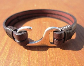 Hook silver and Leather mens bracelet, friendship couples bracelet, men cuff bracelet, handmade silver mens jewelry, unique gifts for men