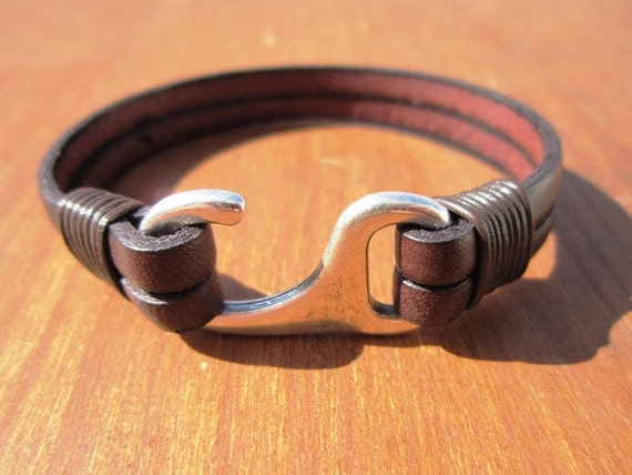 Hook silver and Leather mens bracelet, friendship couples bracelet, men cuff bracelet, handmade silver mens jewelry, unique gifts for men