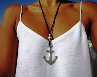 Anchor pendant, leather necklaces for women, long pendant necklace, anchor necklace, leather cord necklace, long necklace boho