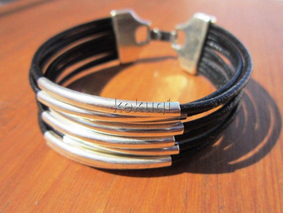 Personalized Leather & Silver Beaded Bracelet Gifts for Men • Handmade Mens Jewelry • Birthday Gift or Custom Jewelry Gift for Him by Kekugi