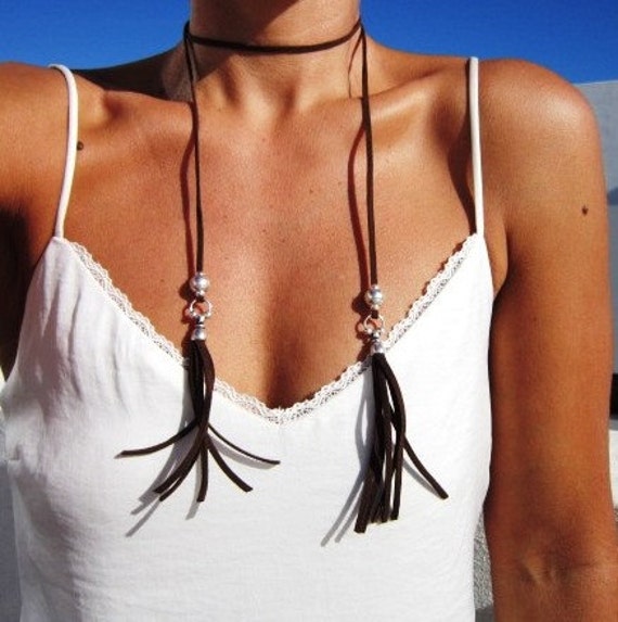 Long leather tassel necklace, bohemian jewelry, tassel necklaces, boho necklace, silver beads,  coachella style