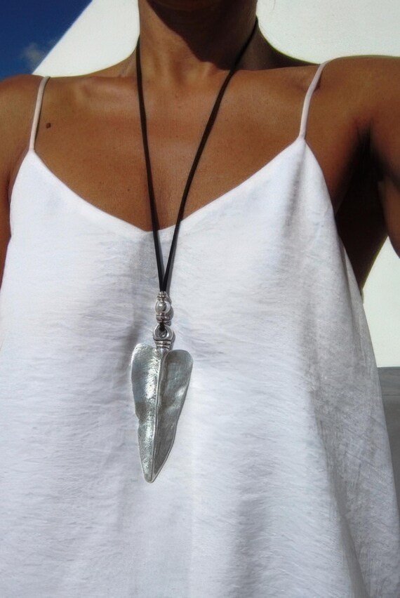 Statement Silver Chunky Pendant leather arrowhead Necklace • Bohemian Jewelry Best Selling Items • Gift for Her • Neotribal Jewelry