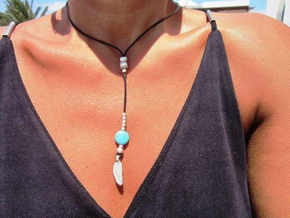 Turquoise Leather Choker Necklace • Silver Necklaces for Women • Bohemian Handmade Turquoise Jewelry • Best selling items by kekugi