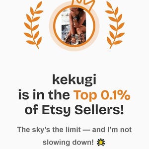 The image is a collage of two images. The top image shows a person in a crown, and the bottom image depicts a person in a crown. The text below the images states that "Kekugi is in the Top 0.1% of Etsy Sellers!" and that the sky is the limit, and the seller is not slowing down.
