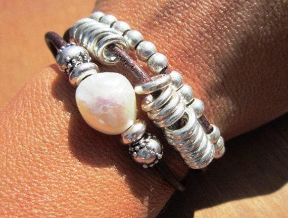 Leather & Silver Charm Beaded Bracelet • Handmade Jewelry Gift for Her • Custom Bracelet Gift • Personalized Jewelry Gifts by Kekugi