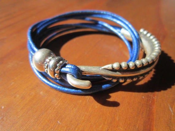 Leather & Silver Charm Beaded Blue Bracelet • Handmade Jewelry Gift for Her • Custom Bracelet gift • Personalized jewelry gifts by kekugi
