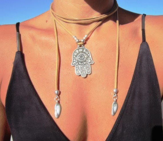 Statement Chunky silver pendant Hamsa Necklace Handmade Products • layered beaded necklace • Personalized Jewelry Gift for Her or Host